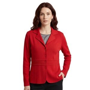 Perlavera Knit Blazer Women's Size Large Red Cardigan Cotton Ribbed Jacket